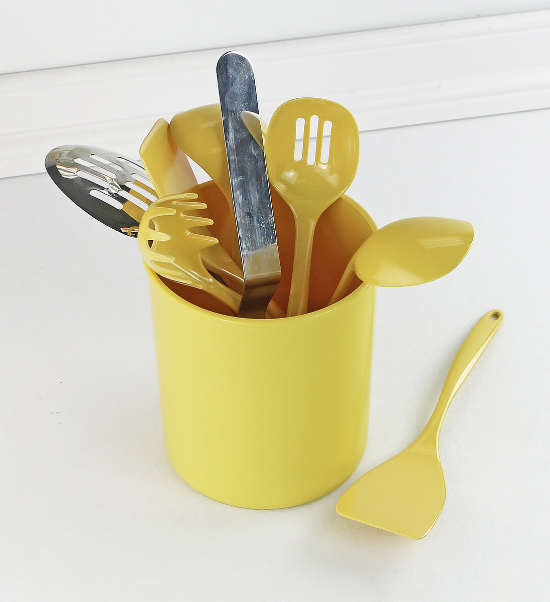 Vintage Yellow Plastic Utensil Set With Holder By 