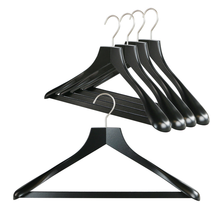 Metropolis Series, Bodyform Wide Shoulder Coat Hanger with Pant Bar, Profi 45/SV/HRS, Black, Silver Hook