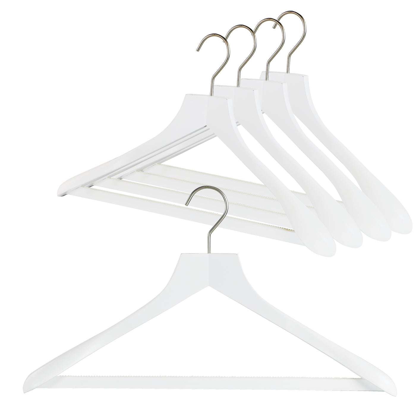 International Hanger, White Wood Suit Hanger w/Bar and Chrome Hook