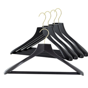 Metropolis Series, Bodyform Wide Shoulder Coat Hanger with Pant Bar, Profi 45/SV/HRS, Black, Gold Hook